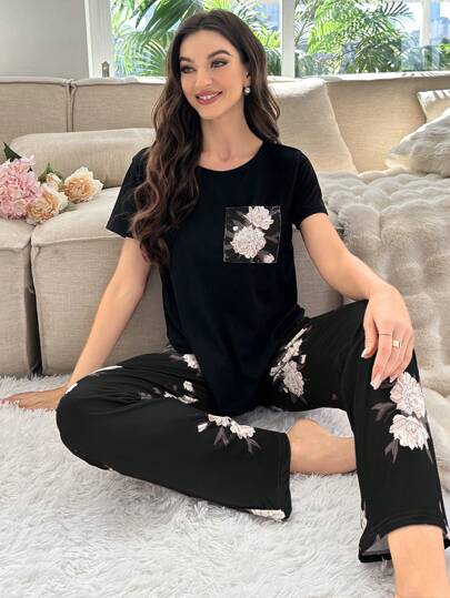 Contrast Color Floral Print Short Sleeve Long Pants Sleepwear Set Pajama Set