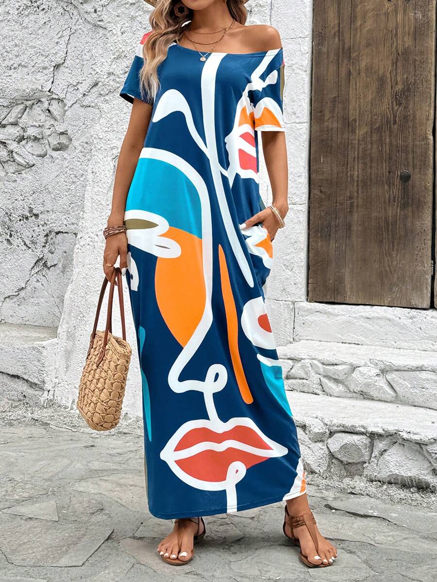 SHEIN LUNE 夏季女装不对称不对称领口双面口袋印花休闲度假两面穿连衣裙 - 寶藍色 - 查看 1