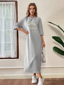 SHEIN Essnce Ladies Simple Printed Daily Long Dress - Light Grey - View 5
