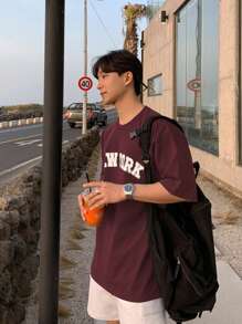 DAZY Men's Summer Casual Short Sleeve T-Shirt With Letter Print, Round Neck,Graphic Tees - Burgundy - View 3