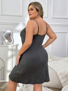 Romantic And Sexy V-Neck Lace Trimmed Plus Size Night Dress - Dark Grey - View 2