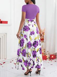 SHEIN Unity 夏季日常印花修身短袖连衣裙长款女装 - 紫色 - 查看 2