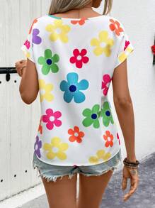 EMERY ROSE Summer Women Round Neck Hollow Out Floral Print Shirt (Random Cut Pattern)
