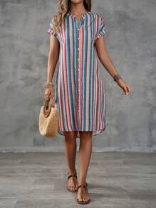 EMERY ROSE Vestido de mujer con cuello en V y rayas de colores con botones en la parte delantera para las vacaciones de verano