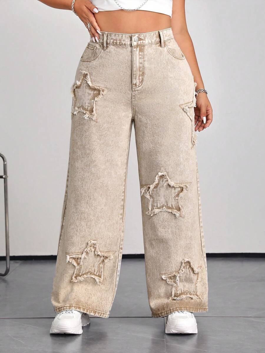 SHEIN EZwear 女性加大碼性感街頭風星星圖案寬腿牛仔褲,卡其色 - 卡其色 - 查看 1