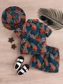 3pcs/Set Toddler Boys' Tropical Plant Print Short Sleeve Shirt, Shorts & Hat Set, Cute Casual Summer Outfit - Multicolor - View 2