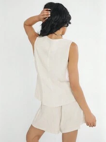 SHEIN EZwear Women's Solid Color Simple Vest And Shorts Set - Apricot - View 2