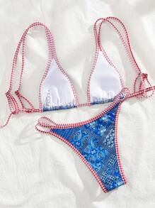 SHEIN Swim Women Bikini Set, Random Print, Micro Triangle Summer Beach - Multicolor - View 4