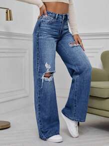 Casual Washed Ripped Straight Leg Jeans