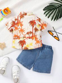 嬰兒男童椰樹印花短袖襯衫和牛仔短褲休閒日常度假2入套裝 - 杏色 - 查看 2