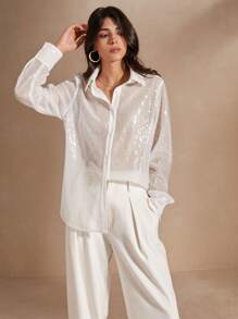 Anewsta Camisa De Manga Larga De Malla Con Purpurina Para Mujer