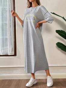 SHEIN Essnce Ladies Simple Printed Daily Long Dress - Light Grey - View 3