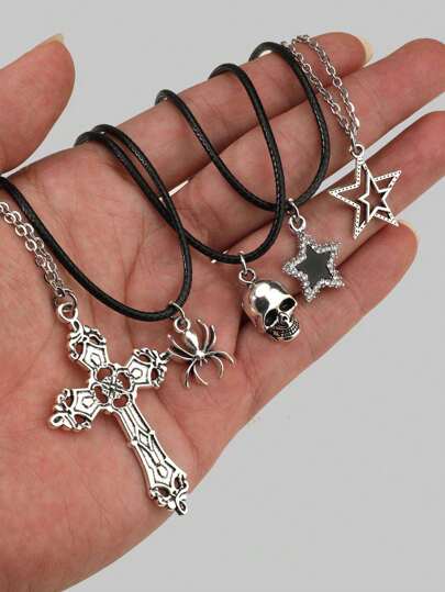 5pcs/Set Vintage Gothic Style Necklace With Cross, Diamond, Star, Spider And Skull Design, Halloween