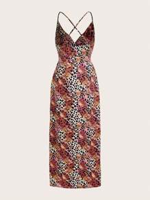 Anewsta Gradient Color Animal Print Lace Splicing Criss-Cross Open Back Sexy Vacation Style Dress For Women - Multicolor - View 9