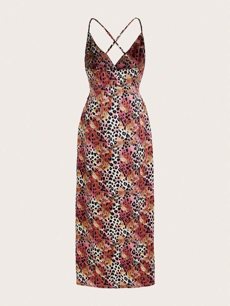 Gradient Color Animal Print Lace Splicing Criss-Cross Open Back Sexy Vacation Style Dress For Women