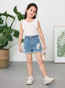 SHEIN Young Girl Knitted Solid Color Sleeveless Top With Ruffle Hem, Three-Piece Set - Multicolor - View 7