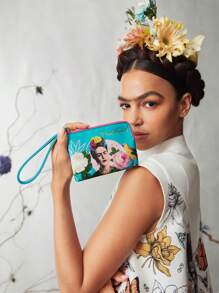 Frida Kahlo X SHEIN Monedero con cremallera con estampado de caracteres y flores, regalo