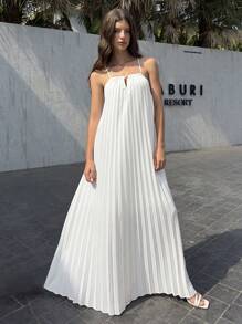 Aloruh Abito da donna bianco plissettato a trapezio con spalline sottili per la primavera/estate, perfetto per le vacanze - Bianco - Visualizzare 7
