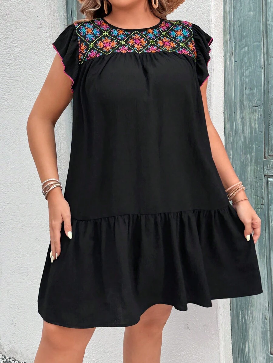 SHEIN VCAY Plus Size Embroidered Patchwork Cap Sleeve Round Neck Vacation Dress - Black - View 1