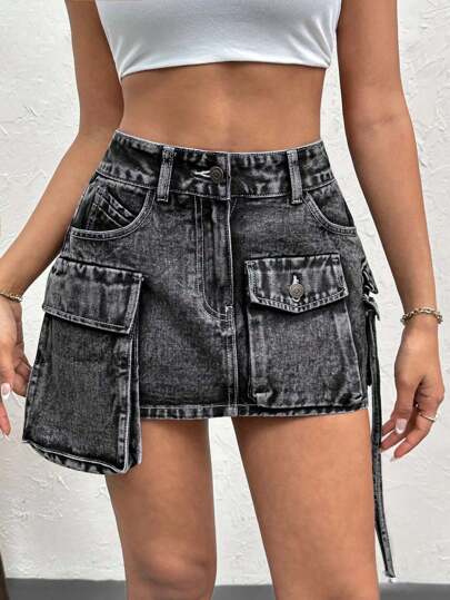 Gonna estiva in denim nero a vita alta con tasche multiple a righe