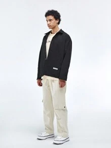 Manfinity Homme Men's Solid Color Patched Long Sleeve Shacket With Front Buttons And Pocket - Black - View 3