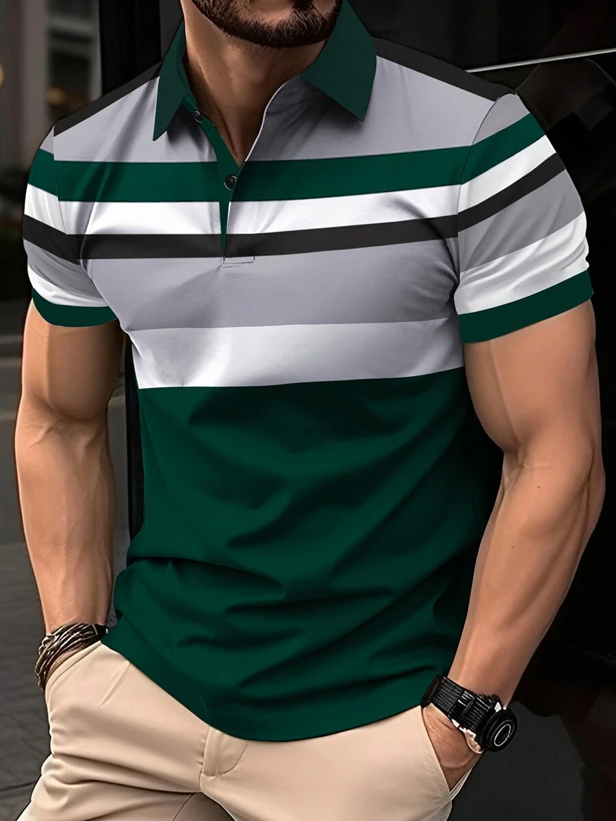 Manfinity Homme 男士時尚條紋短袖POLO衫，簡約風格 - 彩色 - 查看 1