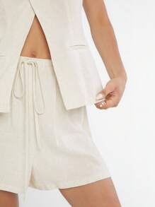 SHEIN EZwear Women's Solid Color Simple Vest And Shorts Set - Apricot - View 3