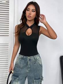 Flirla Women's Fashionable New Chinese Style Mesh Contrast Bodysuit