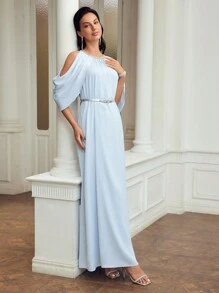 MOTF PREMIUM SOLID COLD SHOULDER FOLD PLEATED DRESS WITH BELT