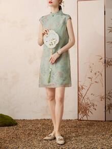 24 Elegant Loose Women Mandarin Gown Dresses (Improved Version) For Summer - Blue - View 8