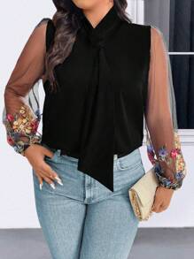 SHEIN Clasi Plus Size Plain Elegant Lace-Up Neck Embroidery Mesh Splice Long Sleeve Shirt - Black - View 4