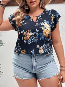 SHEIN VCAY Blusa de manga con volantes y estampado floral para mujer de talla grande con estilo de vacaciones - Azul Marino - Ver 3