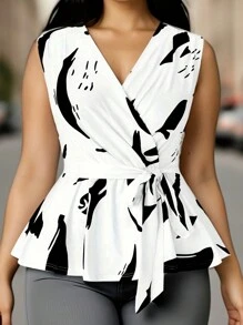 SHEIN Unity 大码夏季休闲裹腰系带背心图案 T 恤女式上衣 - 黑與白 - 查看 3