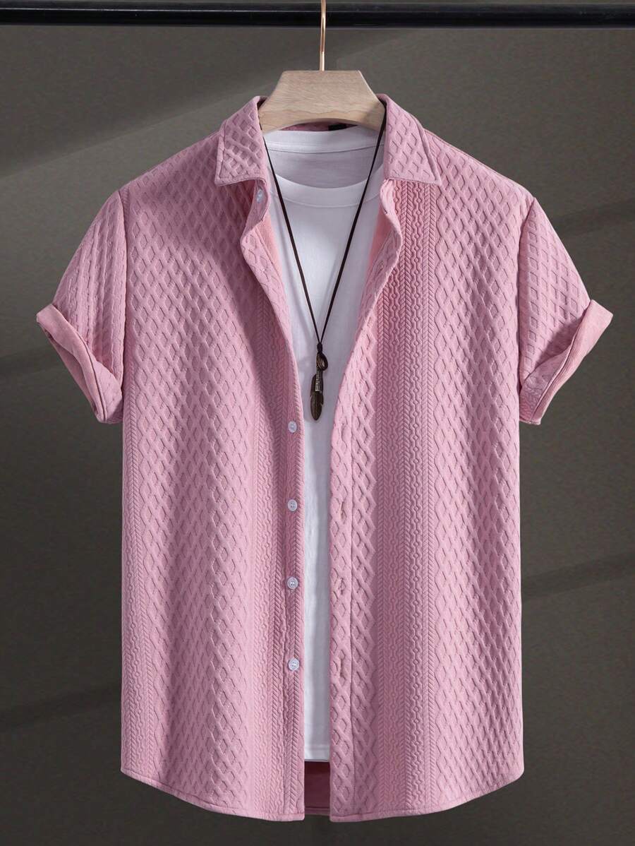 Manfinity Homme Chemise estivale occasionnelle pour hommes à manches courtes de couleur unie - Rose bonbon - Voir 1