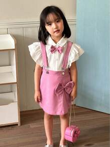 SHEIN Nuevo conjunto de camisa blanca de estilo universitario simple de verano y falda con tirantes para niña joven - Rosa - Ver 3