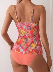 SHEIN Swim 女士全印花中空背心上衣和純色游泳下身套裝，休閑坦尼游泳衣 - 彩色 - 查看 2