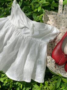 SHEIN EZwear 夏季扭結前方空心繡花白色露肩筒身上衣 - 白色 - 查看 12