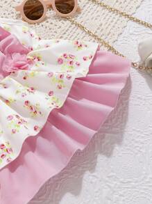 Baby Girl Fashionable Sweet Sleeveless Peter Pan Collar Top With Floral Patchwork And Ruffle Trim, Paired With Loose Shorts - 2pcs/Set Summer Outfits