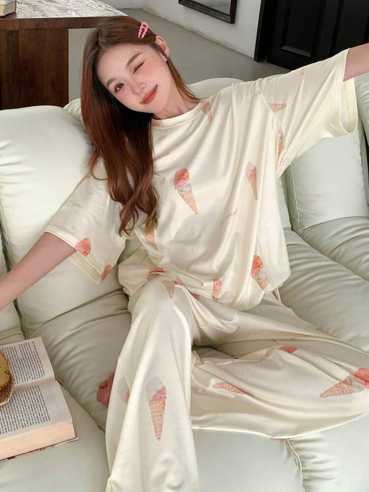 Women Ice Cream Allover Print Summer Loose Fit Tee & Pants Pajama Set