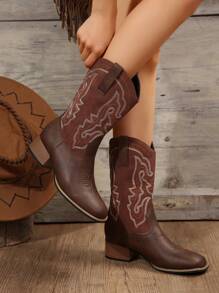 Women's Knee High Knight Boots, 2024 Fall New Arrival Leather Boots With Pointed Toe, Vintage Western Cowboy Boots