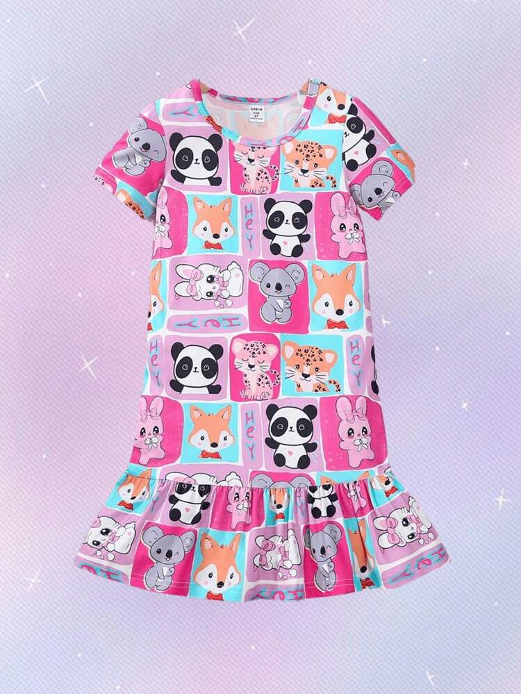 Young Girl's New Cute Animal Patterned Full-Length Sleep Dress For Home