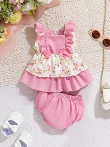 Baby Girl Fashionable Sweet Sleeveless Peter Pan Collar Top With Floral Patchwork And Ruffle Trim, Paired With Loose Shorts - 2pcs/Set Summer Outfits