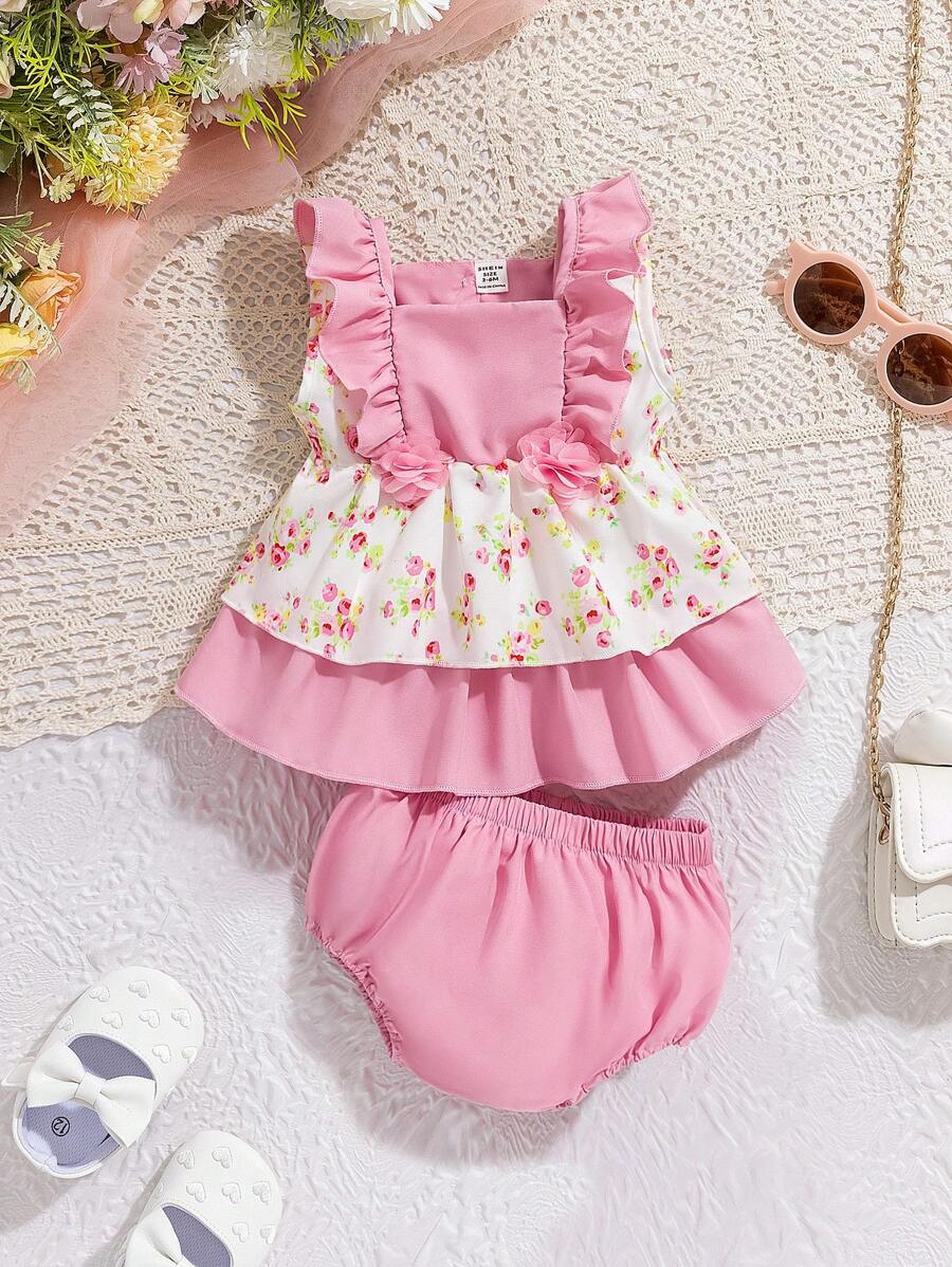 Baby Girl Fashionable Sweet Sleeveless Peter Pan Collar Top With Floral Patchwork And Ruffle Trim, Paired With Loose Shorts - 2pcs/Set Summer Outfits