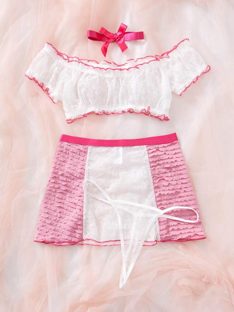 4pcs/Set Women Sexy Lace Floral Patchwork Ruched Underwear (Wire Free Bra, Thongs, Skirt, Choker)