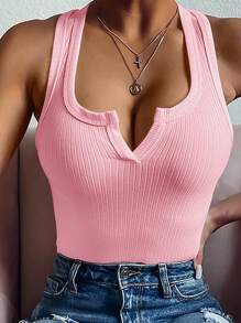 INAWLY Women's Summer Solid Color Notched Neck Tank Top - Pink - View 1