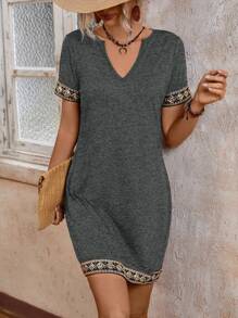 SHEIN LUNE Women's Simple Daily Wear Off-The-Shoulder Printed Dress With Sleeve And Hem Decorations, Summer - Dark Grey - View 1