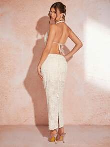 SHEIN BAE Women's Cream-Colored Jacquard Slit Skirt With Low Waistline And Extra Length, Ideal For Summer Vacations - Apricot - View 3