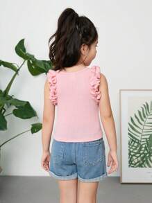 SHEIN Young Girl Knitted Solid Color Sleeveless Top With Ruffle Hem, Three-Piece Set - Multicolor - View 8
