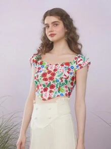 The Wizard of Oz X SHEIN Floral Print Fitted Cropped Top With Sweetheart Neckline For Women's Summer Vacation Style - White - View 5