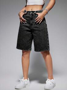 SHEIN EZwear Shorts de mezclilla de verano para mujer de moda de unicolor - Gris - Ver 5